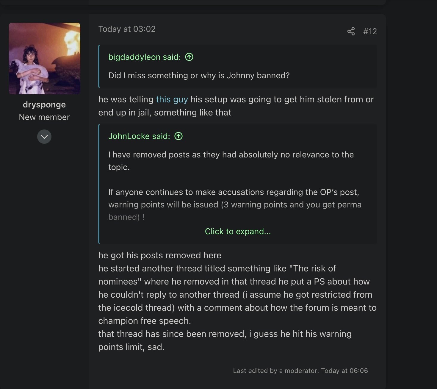 Forum discussion about JohnnyDoe's ban with moderator comments