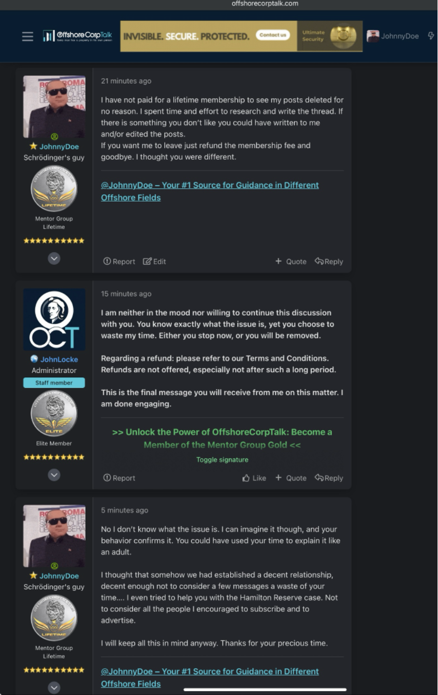 Conversation between JohnnyDoe and JohnLocke on OffshoreCorpTalk