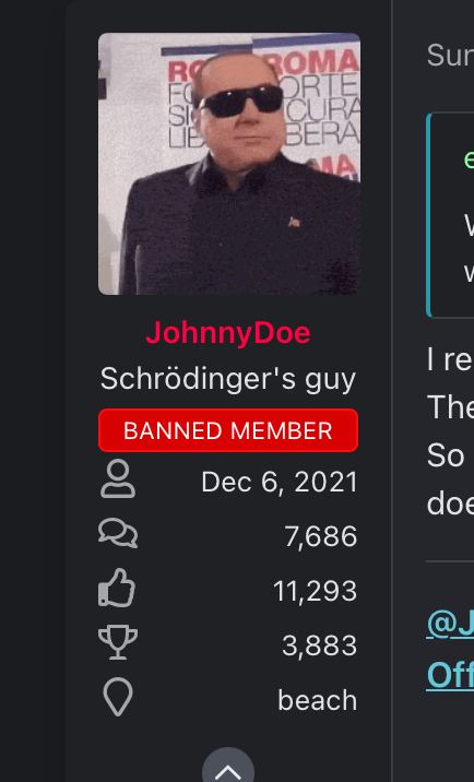 JohnnyDoe profile on OCT showing banned status